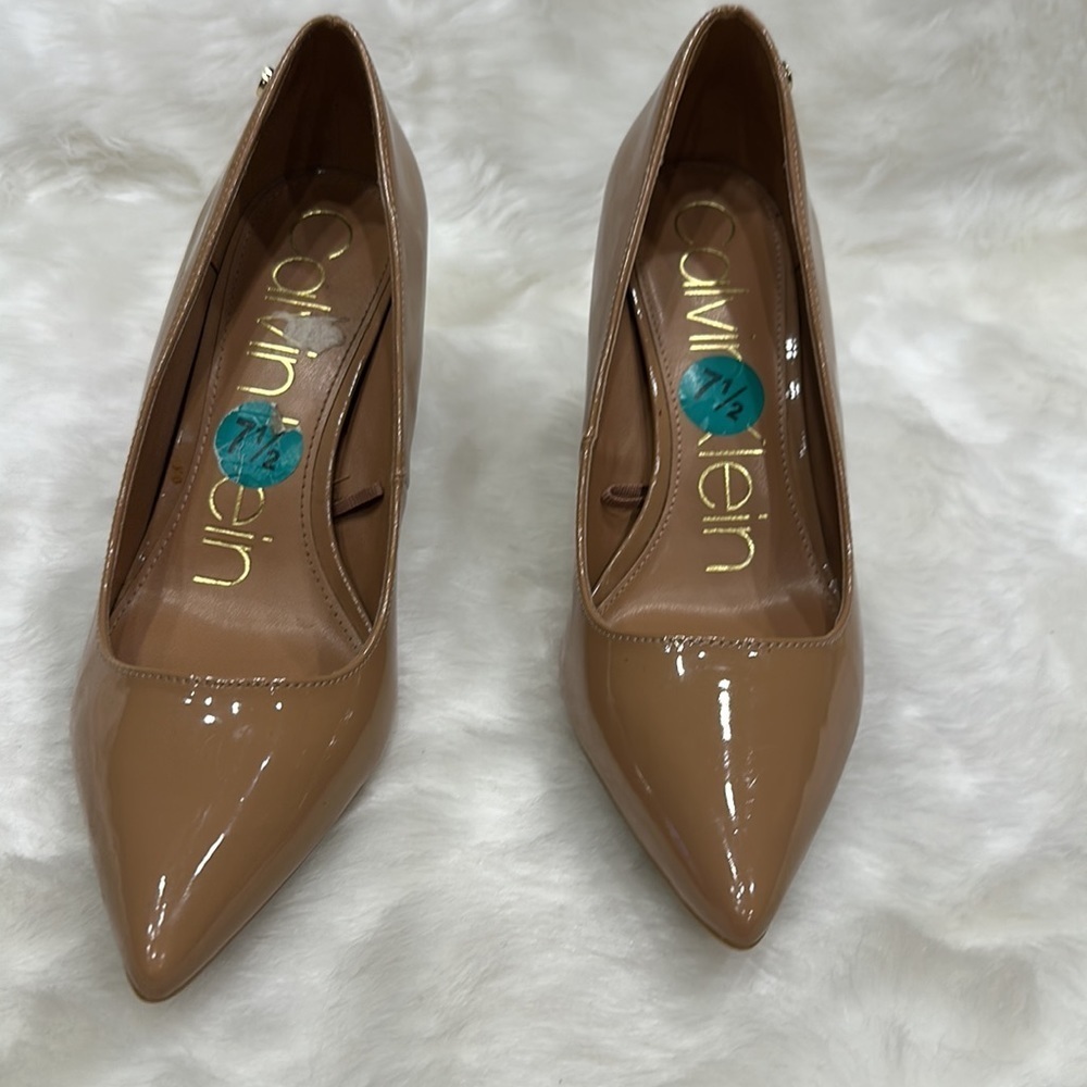 Calvin Klein Patent Pointed-Toe Kitten Heel Pumps in Nude - Picture 2 of 15